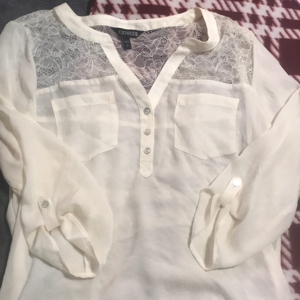 Express Women's Cream Lace Yoke Henley Blouse